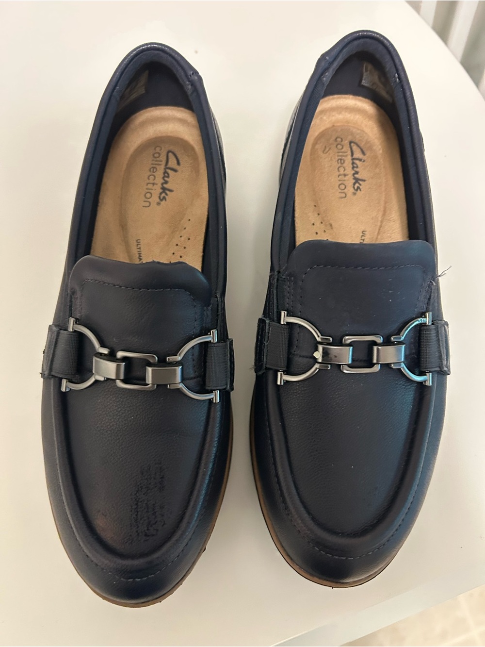 Clarks Navy Leather Women's Bit-Trim Loafers